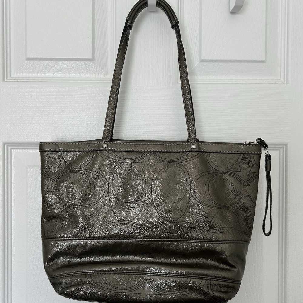 Coach‎ Stitched Signature Stripe Gray Green Metallic Patent Leather Tote Bag - Picture 2 of 3